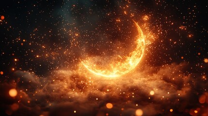 Ethereal Crescent Moon Amidst a Starry Night Sky with Glowing Clouds
