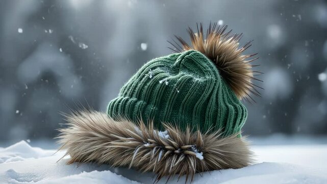 Green knit winter hat in snow.