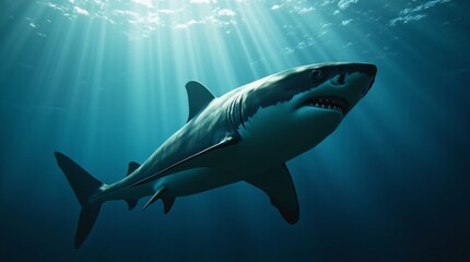 Fototapeta premium a majestic shark swimming gracefully underwater, captured in a moment that emphasizes its streamlined body and powerful fins. 