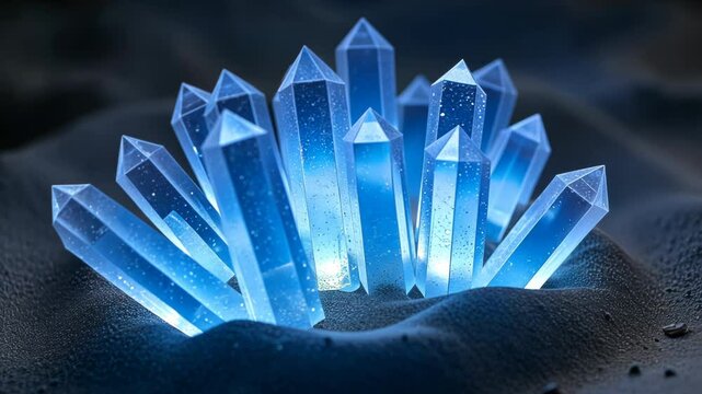 Glowing blue crystals on dark sandy surface.