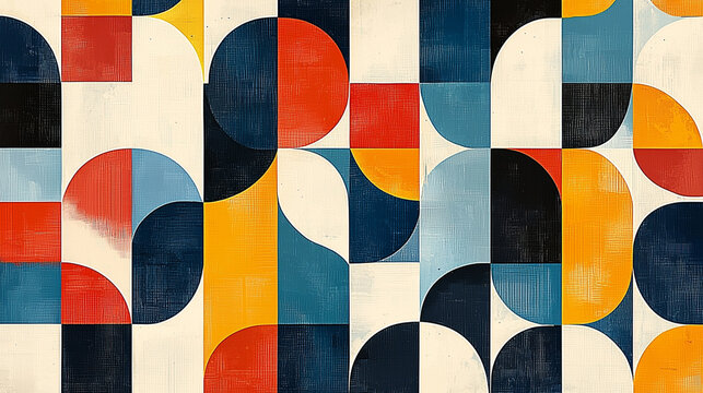 Abstract geometric pattern with circles, squares, and semicircles in red, blue, yellow, and white.