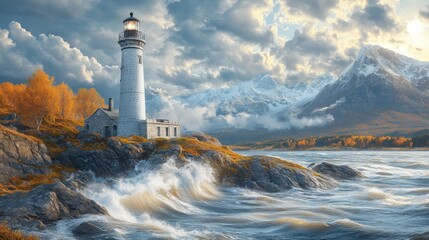 Coastal Sentinel: A Majestic Stone Lighthouse on a Wild Coastline Illuminating the Horizon with Hope and Guidance