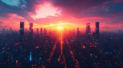 Fototapeta premium Futuristic city skyline at vibrant sunset.