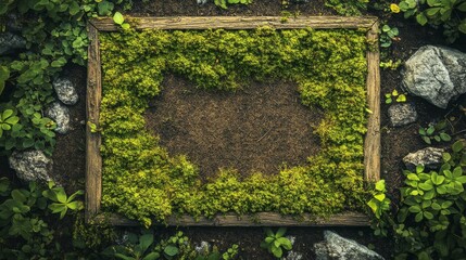 Wooden Frame Surrounded By Lush Green Moss And Rocks