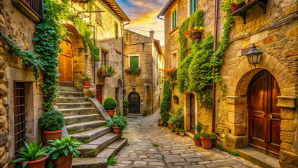 charming rustic street in Italian village, featuring worn stone walls, vibrant greenery, and flower pots. warm golden hues of sunset create serene atmosphere