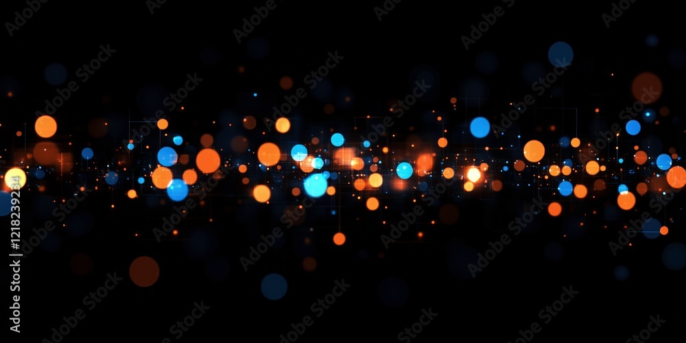 Poster cosmic sparkle: abstract image of vibrant blue and orange glowing particles floating in a dark space