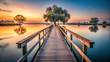Fototapeta premium A solitary wooden bridge with a few trees on both sides spans over a serene lake at dawn , trees, solitude, trees