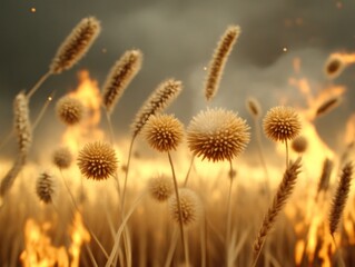 Obraz premium Wildfire consumes dried grasses rural landscape dramatic imagery fiery environment close-up viewpoint nature's fury