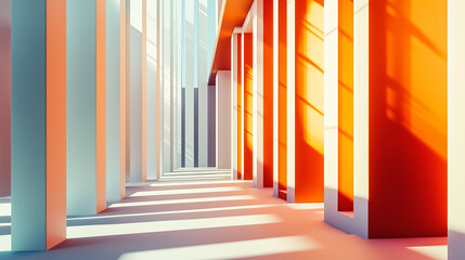 Obraz premium A futuristic architectural background with white and orange columns, creating an abstract and minimalist composition. The bright light creates long shadows on the floor, adding depth to the scene.