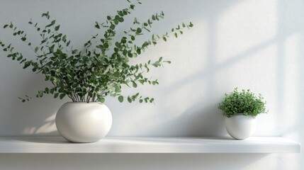 Minimalist Home Decor Eucalyptus and Greenery in White Pots on Shelf
