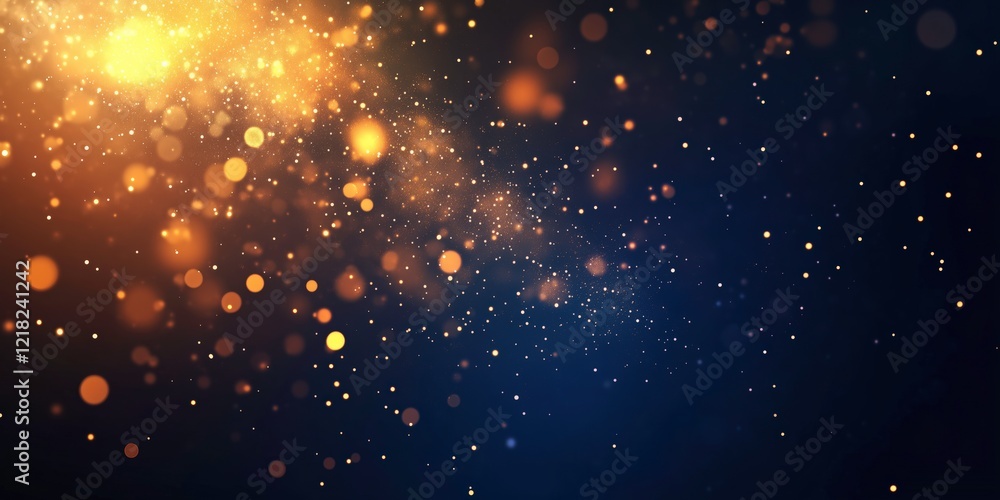 Poster cosmic sparkle: a mesmerizing abstract background of shimmering gold and silver particles dancing in