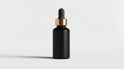 Elegant Black Dropper Bottle with Gold Lid on Neutral Background for Cosmetic or Essential Oil Product Presentation and Branding Purposes