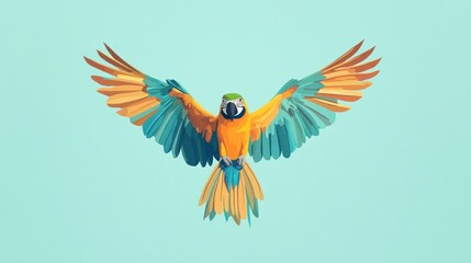 Blue macaw in flight, pastel background, wildlife art, website banner