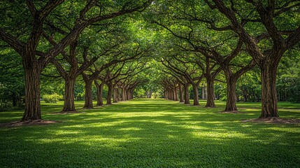 Obraz premium Lush green trees lining a pathway in a park.