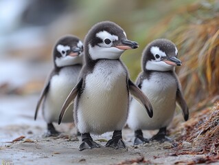 Obraz premium Three adorable penguin chicks stand on a sandy shore with blurred background