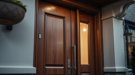 Fototapeta premium Elegant Modern Home Entrance: A Luxurious Wood Door Design. High-end real estate, showcasing beautiful architecture and exterior design details.