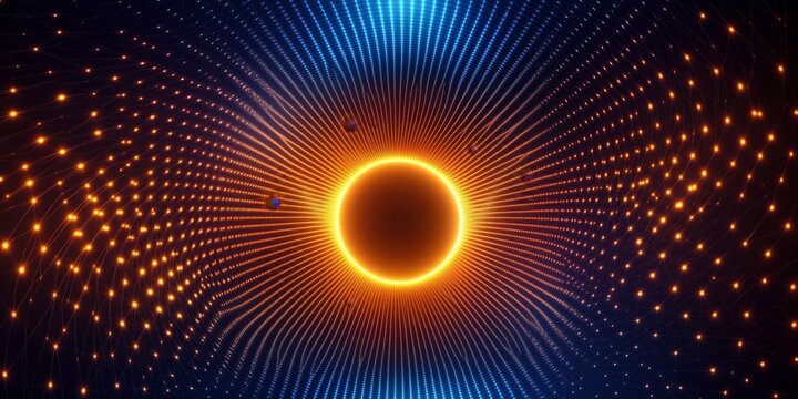 Cosmic Portal: A mesmerizing abstract image with a glowing orange halo ring, radiating energy and light, at the center of a pulsating, blue and orange pixelated grid.