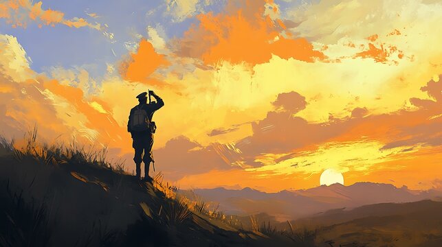 A soldier saluting the flag with a calm expression at sunrise, embodying loyalty and justice