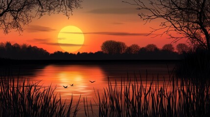 Obraz premium Tranquil Sunset Over Serene Lake with Silhouettes of Trees and Birds in Flight