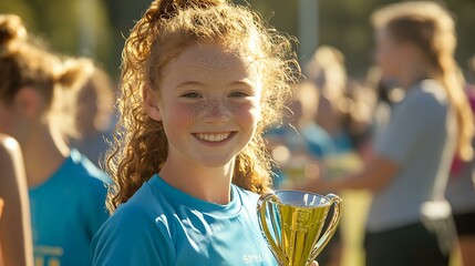 A young athlete sharing their trophy with their supportive teammates, showcasing gratitude and humility