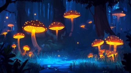 Glowing Mushroom Forest Night Scene Digital Art