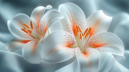 Fototapeta premium Two white lilies with orange speckles, elegantly posed on a soft, light-blue fabric.