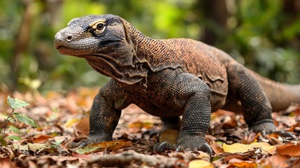 Obraz premium Komodo Dragon Walking Forest Floor, Wildlife