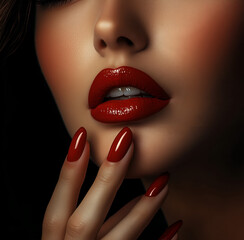 Obraz premium Close-up of a beautiful woman applying red lipstick