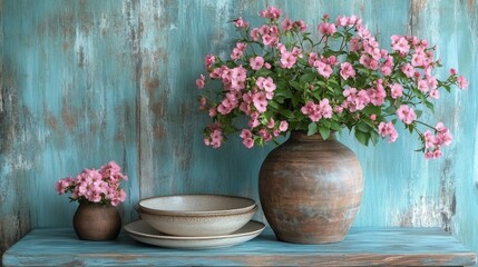 Pink Flowers in Rustic Vase with Vintage Table Setting