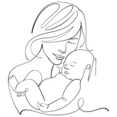 parent and baby, mom hugs the baby line art style vector illustration