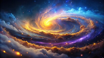 Obraz premium Swirling purple clouds in a dark blue background with glowing yellow and orange particles