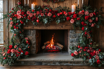 Luxurious Fireplace with Rose Decorations - Warm Valentine's and Winter Design
