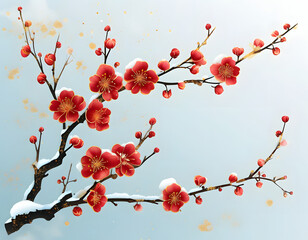 Pink Peach Blossoms in the Snow