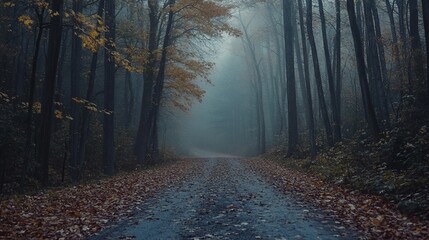 Naklejka premium Enigmatic Autumn Road Through Misty Forest, A Serene and Mysterious Path