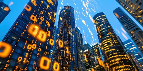 Digital Metropolis: Binary code cascades across a vibrant cityscape at twilight, representing the convergence of technology and urban life.