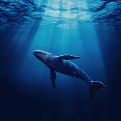 Fototapeta premium Majestic Humpback Whale Swimming Underwater In Deep Blue Ocean