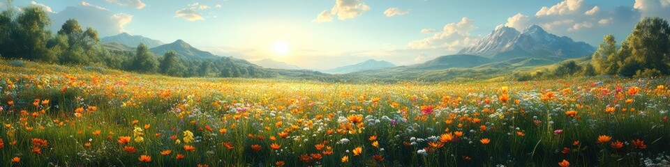 Vibrant Meadows with Mountains Underneath a Bright Sky at Tranquil Sunrise