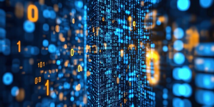 Digital Matrix:  A mesmerizing abstract rendering of a digital matrix composed of swirling blue and gold binary code. The image evokes a sense of boundless data flow.