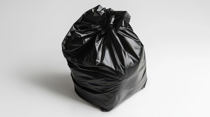 Fototapeta premium A single black plastic garbage bag, crumpled and tied, isolated on a white background.