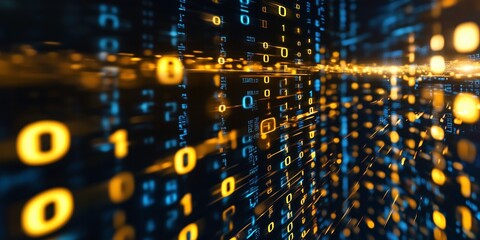 Digital Stream: Abstract visualization of binary code, a mesmerizing flow of glowing ones and zeros in deep blue and gold, symbolizing the boundless realm of data and digital information.  