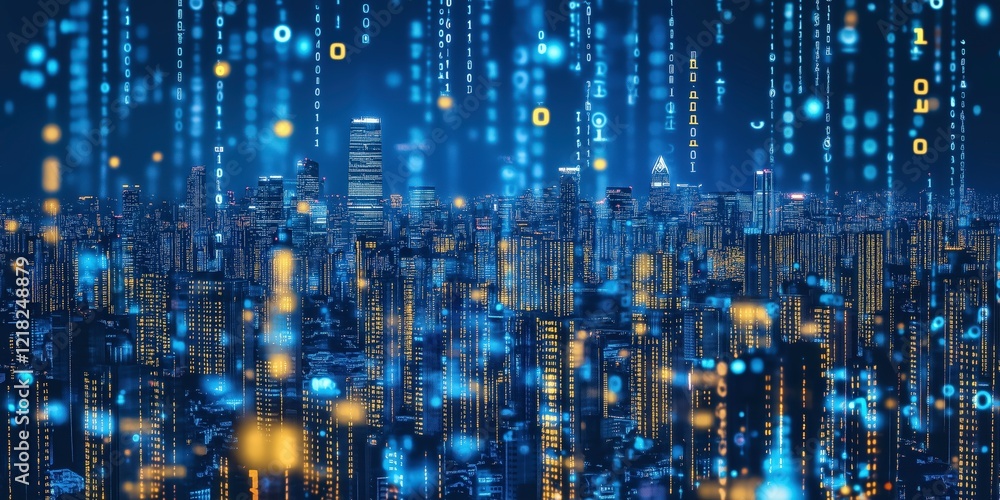 Poster digital rain over cityscape: a mesmerizing image of a city skyline enveloped in a digital rain of bi