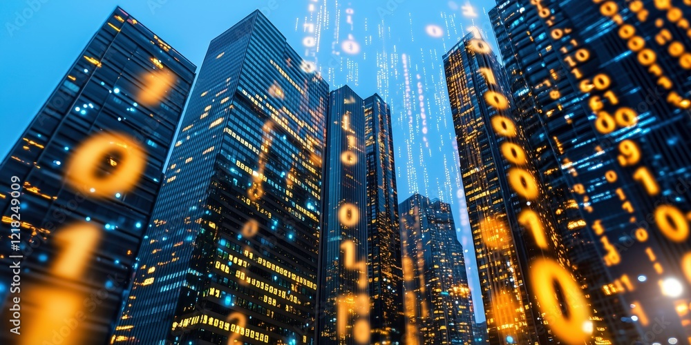 Poster digital metropolis: binary code cascades down towering skyscrapers in a captivating futuristic citys