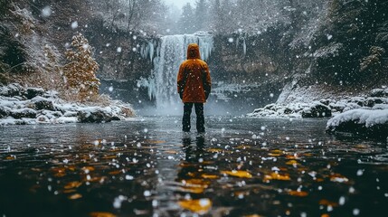 Fototapeta premium Person stands in a snowy lake facing a waterfall in a beautiful winter scenery