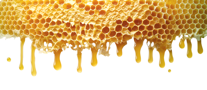 Honeycomb beeswax with honey dripping drip on transparent background cutout PNG file. Mockup template for artwork. Wallpaper banner border	
