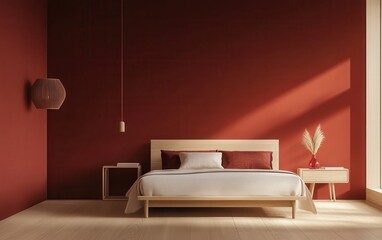 3D rendering of a deep red bedroom interior design with a beige linen bed, crimson and ivory color wall paneling, a light walnut floor, modern-style home decor, contemporary furniture in the room