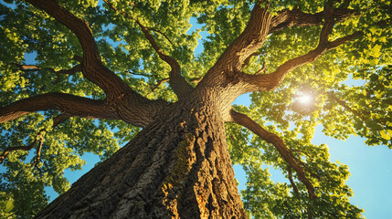 Naklejka premium Majestic view from below wide branches centuries-old oak tree,sunlight streaming lush green leaves dramatic black white contrast intricate texture,wood,teak,birch,cork,huge,fir,raw,wild,art,old,earth