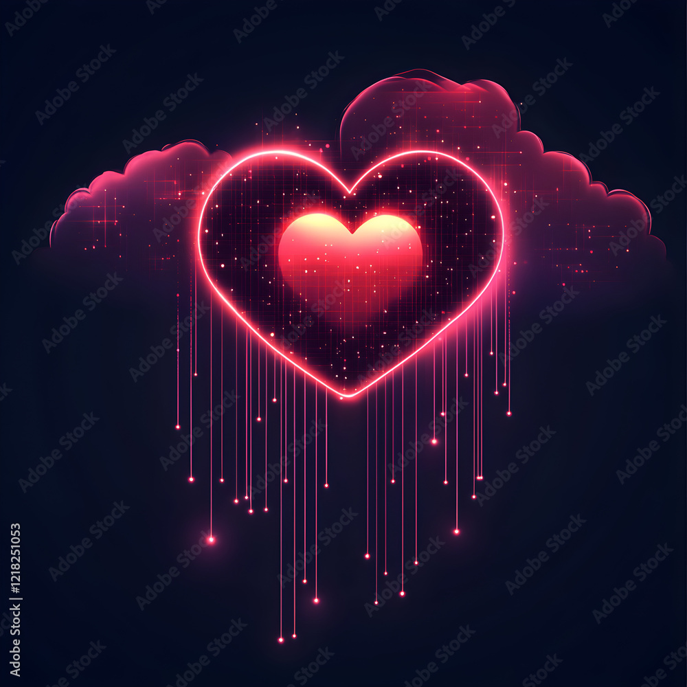 Poster a digital glowing heart floating in a futuristic data cloud