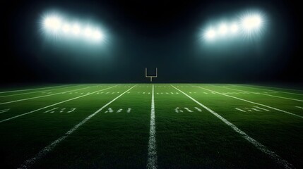 Football field illuminated by stadium lights with copy space on dark background