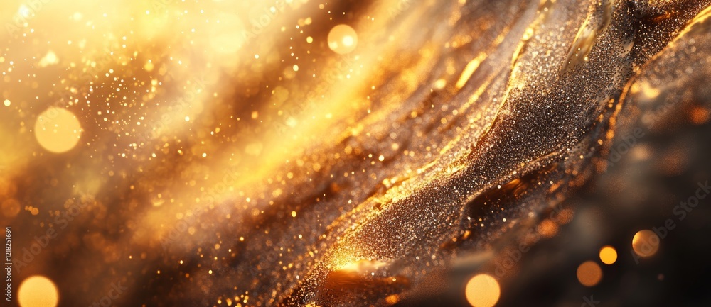 Poster sparkling golden particles create a mesmerizing background filled with shimmering lights at night..