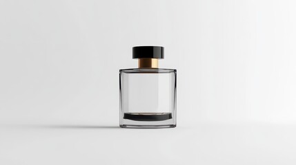 Elegant Glass Perfume Bottle with Black Lid and Gold Accent on Minimalist Background Showcasing Sophisticated Fragrance Packaging for Marketing and Advertising